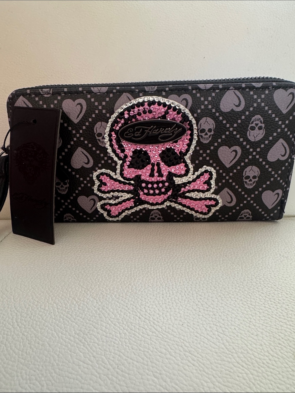 Ed Hardy Black Wallet with Pink Rhinestone Skull